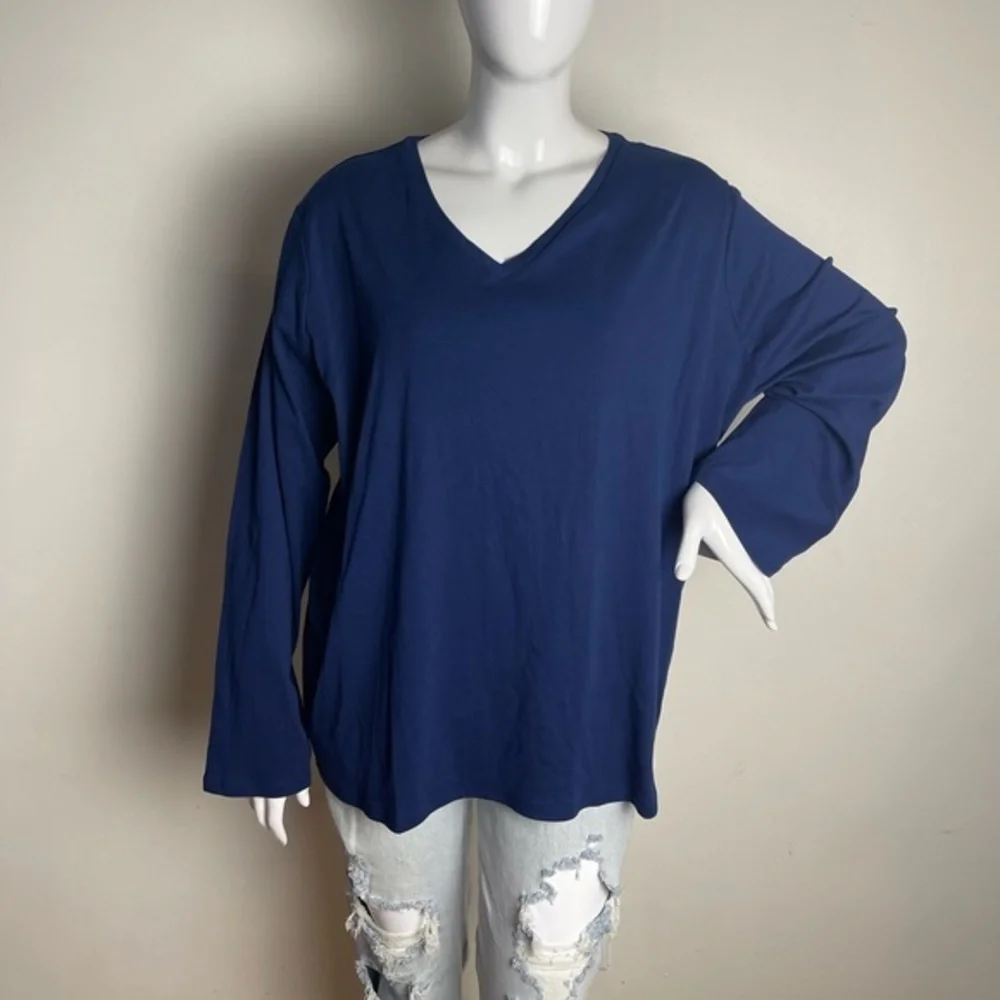 ⭐️LIZ CLAIBORNE  Womens Plus V Neck Long Sleeve T-Shirt‎ navy size 5X